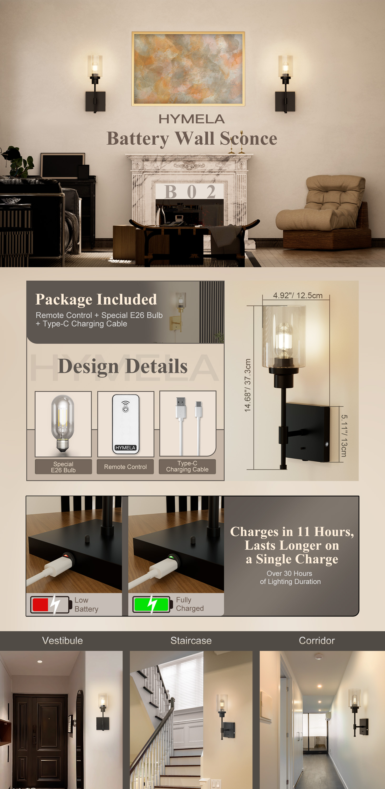 Battery Wall Light Indoor USB-C Rechargeable LED Wall Lamp With - View #3